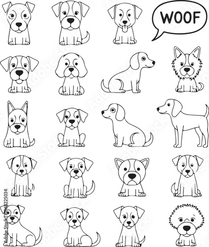 A black and white line art grid featuring twenty unique dog characters in various sitting and standing poses, accompanied by a "WOOF" speech bubble in a clean, minimalist style.