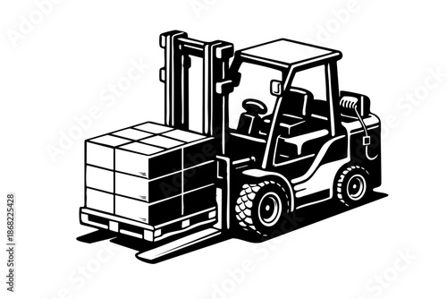 Electric warehouse forklift carrying a pallet, three-quarter side view, bold flat shapes