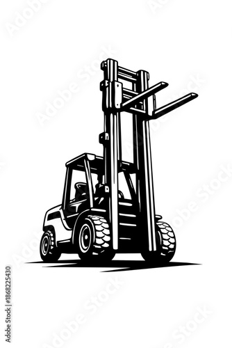 Low-angle perspective forklift emphasizing mast height and forks, strong silhouette
