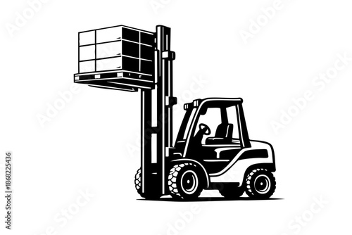 Solid black and white vector illustration of an industrial forklift lifting a pallet
