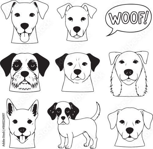 A delightful collection of diverse dog breed portraits and a cute full-body puppy in clean line art. Includes a "WOOF!" speech bubble, perfect for coloring pages and pet-themed designs.
