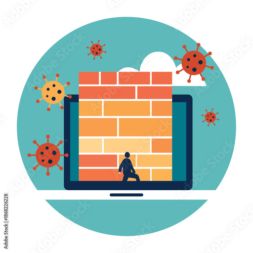Vector illustration of a digital firewall brick wall on a laptop screen protecting a user from virus or malware threats. Cybersecurity, data protection, and antivirus software concept.