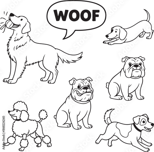 A black and white line art collection of six different dog breeds, including a golden retriever with a ball, two bulldogs, a poodle, a dachshund, and a terrier, with a "WOOF" speech bubble.