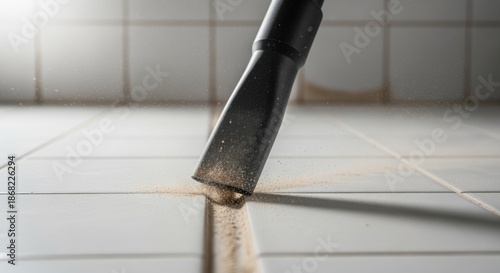Closeup of grout removal dust being vacuumed from shower tile gaps preparing the area for regrouting treatment.