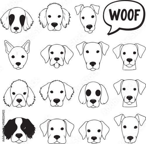 A black and white vector grid featuring sixteen diverse dog breed head icons in a minimalist line art style, including a speech bubble with the word "WOOF."