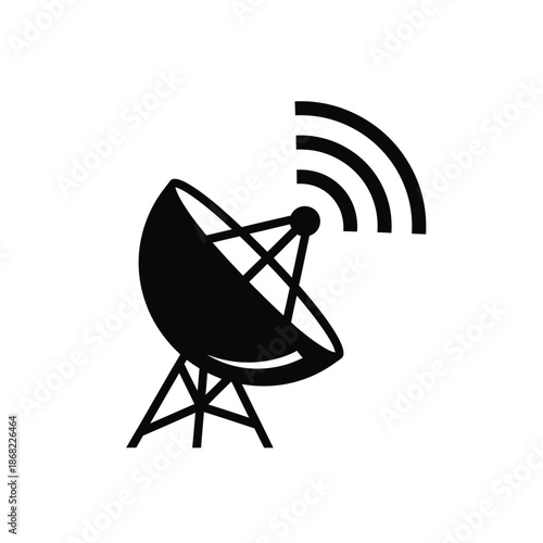 Vector illustration icon black satellite dish antenna symbol with signal waves on for communication technology concepts