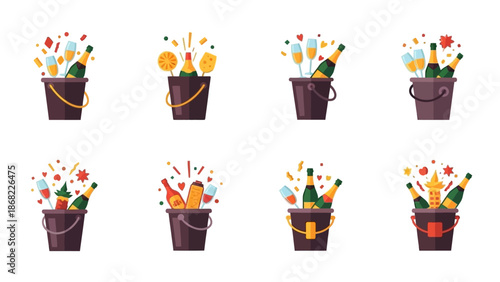 Celebration buckets with champagne bottles and glasses against white background