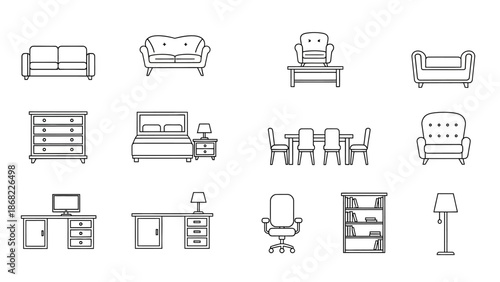 Furniture icons set sofa chair table bed desk bookshelf lamp vector