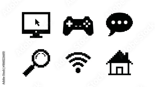 Pixelated icons computer game controller speech bubble and more