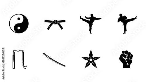Martial arts icons yin yang belt silhouette fighters weapons and fist