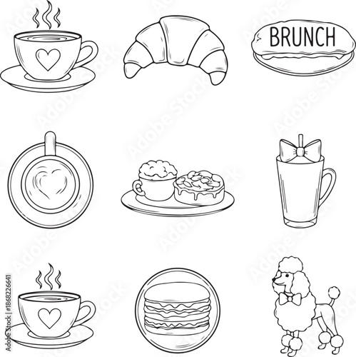 A delightful collection of cafe-themed line art icons featuring a poodle, coffee cups with heart latte art, croissants, and brunch dishes. Ideal for coloring books and menu designs.