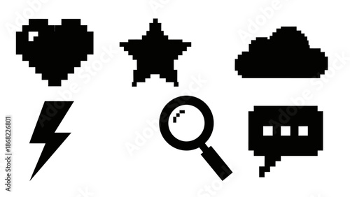 Pixelated icons heart star cloud bolt magnifying glass speech bubble