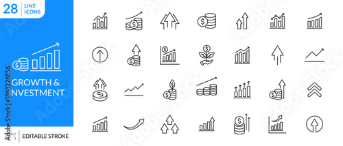 Growth icon set. Investment, gain, improvement, grow, chart, increase, growing graph, business, performance. Vector editable stroke