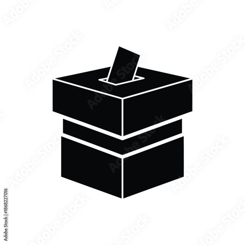 Vector illustration icon black and white illustration of a ballot box with a single ballot being inserted into the slot on top, simple design