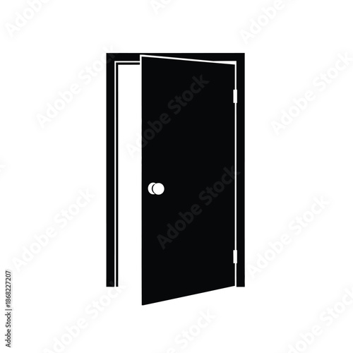 Vector illustration icon a black door with a white doorknob is slightly ajar, showing a sliver of white on the left side, isolated on