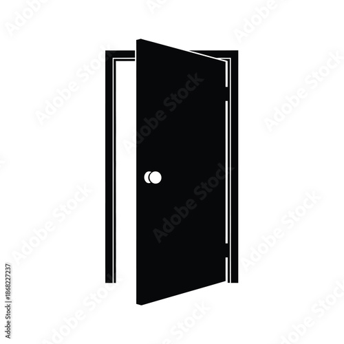 Vector illustration icon a black door with a white circle handle is slightly ajar on a