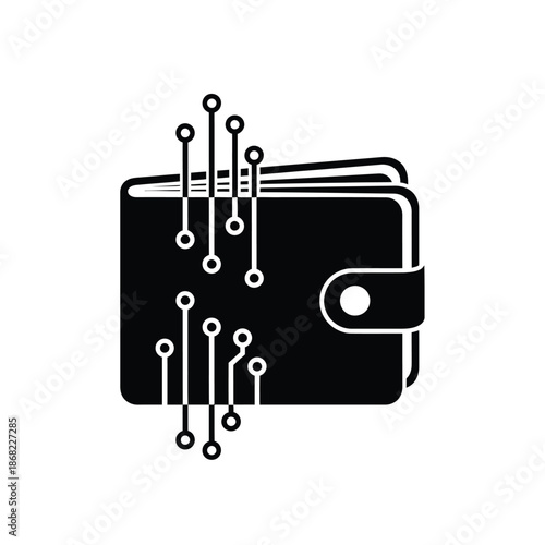 Vector illustration icon black wallet with circuit board design on, symbolizing digital finance and technology