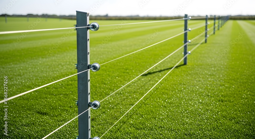 Obraz premium Electric fence stretching across a vibrant green field. Fencing designed for livestock control or property boundary. Modern agricultural perimeter solution.