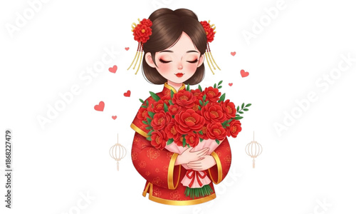 Chinese girl with red roses