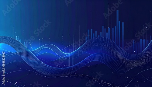 Abstract blue wave background with financial data visualization, representing economic growth and market trends