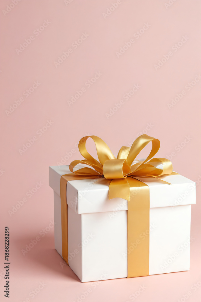 Obraz premium White gift box with shiny golden ribbon and bow on soft pink background, elegant present for celebration or special occasion with festive decoration and luxury wrapping