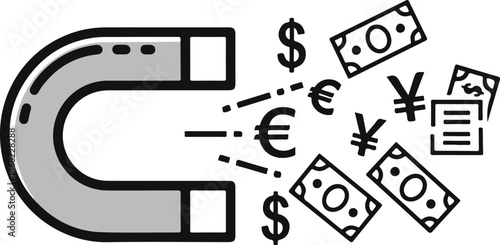 A bold, stylized vector of a magnet drawing in various currency symbols and paper money, illustrating strong financial magnetism, lead generation, and business prosperity.