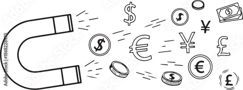 A minimalist line vector showing a horseshoe magnet attracting global currency symbols, coins, and bills, representing financial attraction, wealth generation, and international business success.
