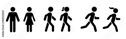 People silhouettes in various poses including standing walking and running.