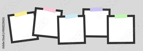 Empty photo frames in a row. Vector realistic mockup. posters or paper sheets for note, collage. Five square photo cards with black border. Blank Template. EPS10.