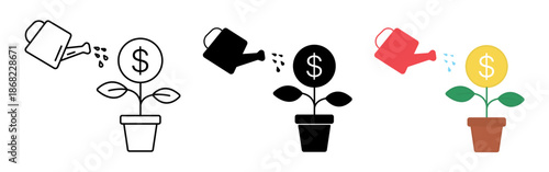 Watering can and money plant growing coin. Financial growth concept, investment and profit symbol. Dollar sign on plant, money tree idea, economic success and wealth illustration.