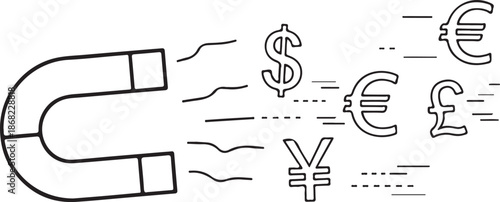 A minimalist line art vector showing a horseshoe magnet attracting various global currency symbols like the dollar, euro, pound, and yen, symbolizing wealth attraction and financial success.