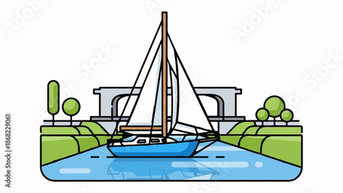 Blue sailboat glides on serene water, passing under a modern bridge with greenery