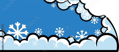 Blue sky with white snowflakes and puffy clouds in a decorative border
