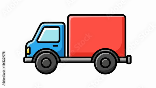 Blue truck with a red cargo box and dark wheels, isolated on a white background