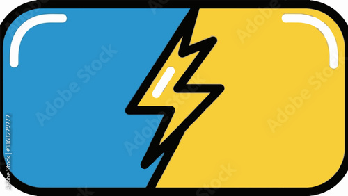 Bold lightning bolt graphic in blue and yellow split rectangle