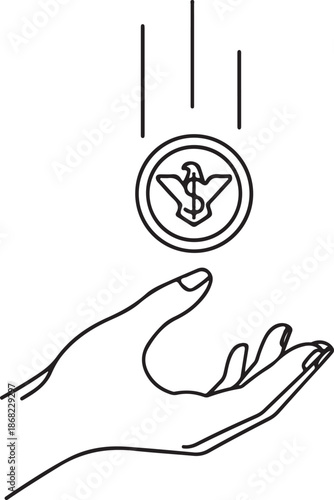 A minimalist black and white line art vector showing a coin with a bird emblem falling into an open human hand. A simple illustration representing charity, donation, or financial assistance.