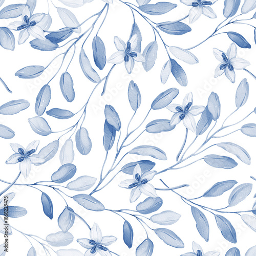 Seamless Blue Watercolor Floral Pattern with Delicate Branches