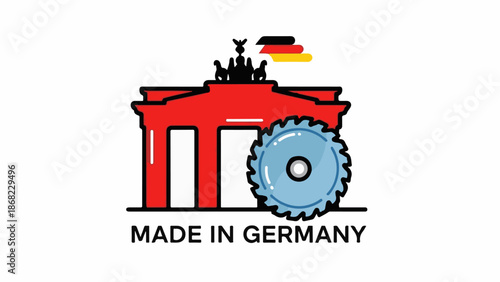 Brandenburg Gate, saw blade, and German flag with "Made in Germany" text