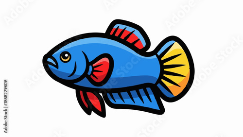 Bright blue fish with red and yellow accents, swimming