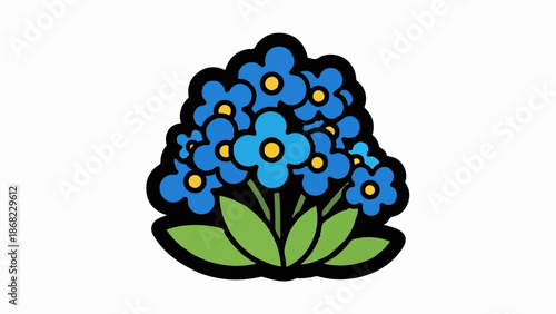 Bright blue forget-me-nots with yellow centers and green leaves, outlined in black