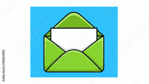 Bright green open envelope on vibrant blue background with white paper inside