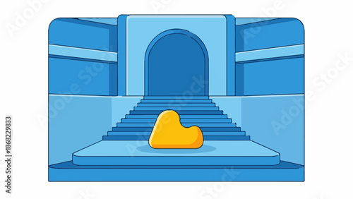 Blue architectural structure with arched entrance, steps, and a yellow blob