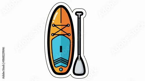Bright orange and blue stand-up paddleboard with paddle