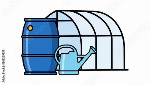 Blue barrel and watering can beside a light blue greenhouse with black outline