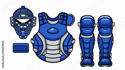Blue baseball catcher's protective gear set, including mask, chest protector, leg guards, and throat protector