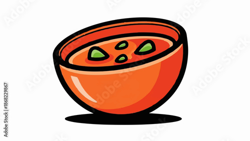 Bright orange bowl filled with red soup and green chunky garnishes