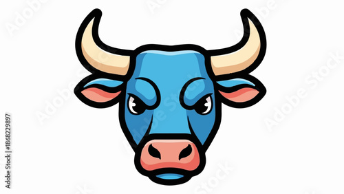 Blue bull head with prominent horns and stern expression