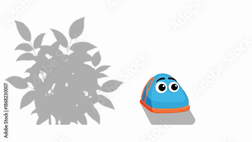 Blue cartoon object with large eyes, next to a grey leafy shadow