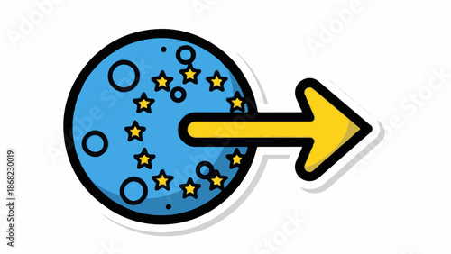 Blue celestial body with yellow stars and a bright yellow arrow piercing through