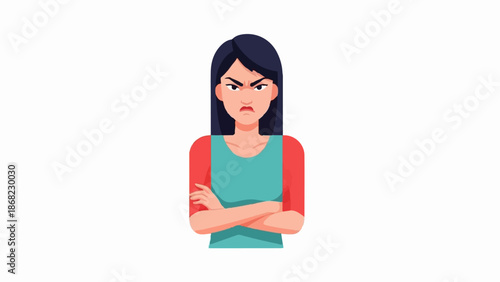 Angry woman with crossed arms, dark hair, and a displeased expression